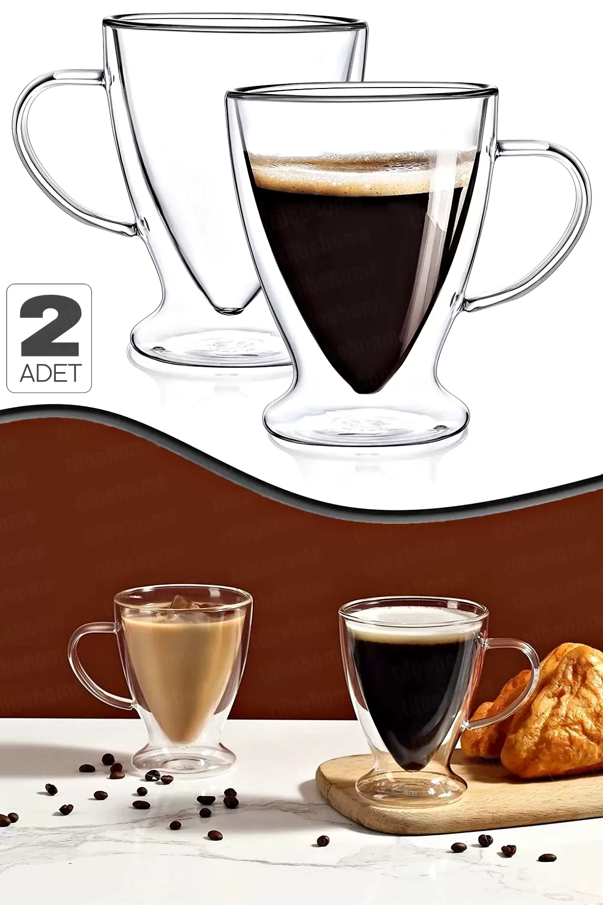 2li Çift Cidarlı Bardak Basık Taban Kahve Çay Fincanı Süt Çay Kahve Su Bardağı Kulplu Cam Bardak