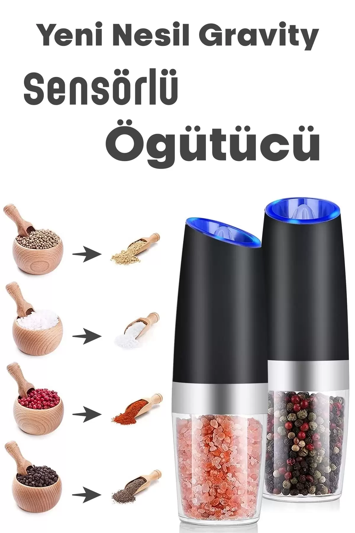 Otomatik Sensörlü Karabiber Tuz Değirmeni Seramik Bıçaklı Baharat Öğütücü LED Işıklı 5 Kademeli
