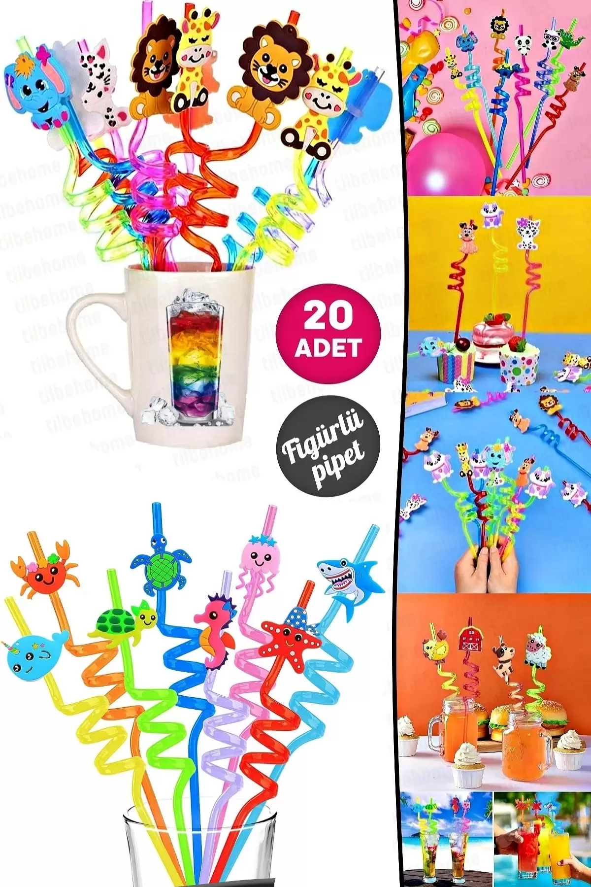 Emoji Pipet Sevimli Hayvan Meyve Okyanus Kokteyl Parti Pipetler Yeniden Kullanılabilir Kıvrık Pipet