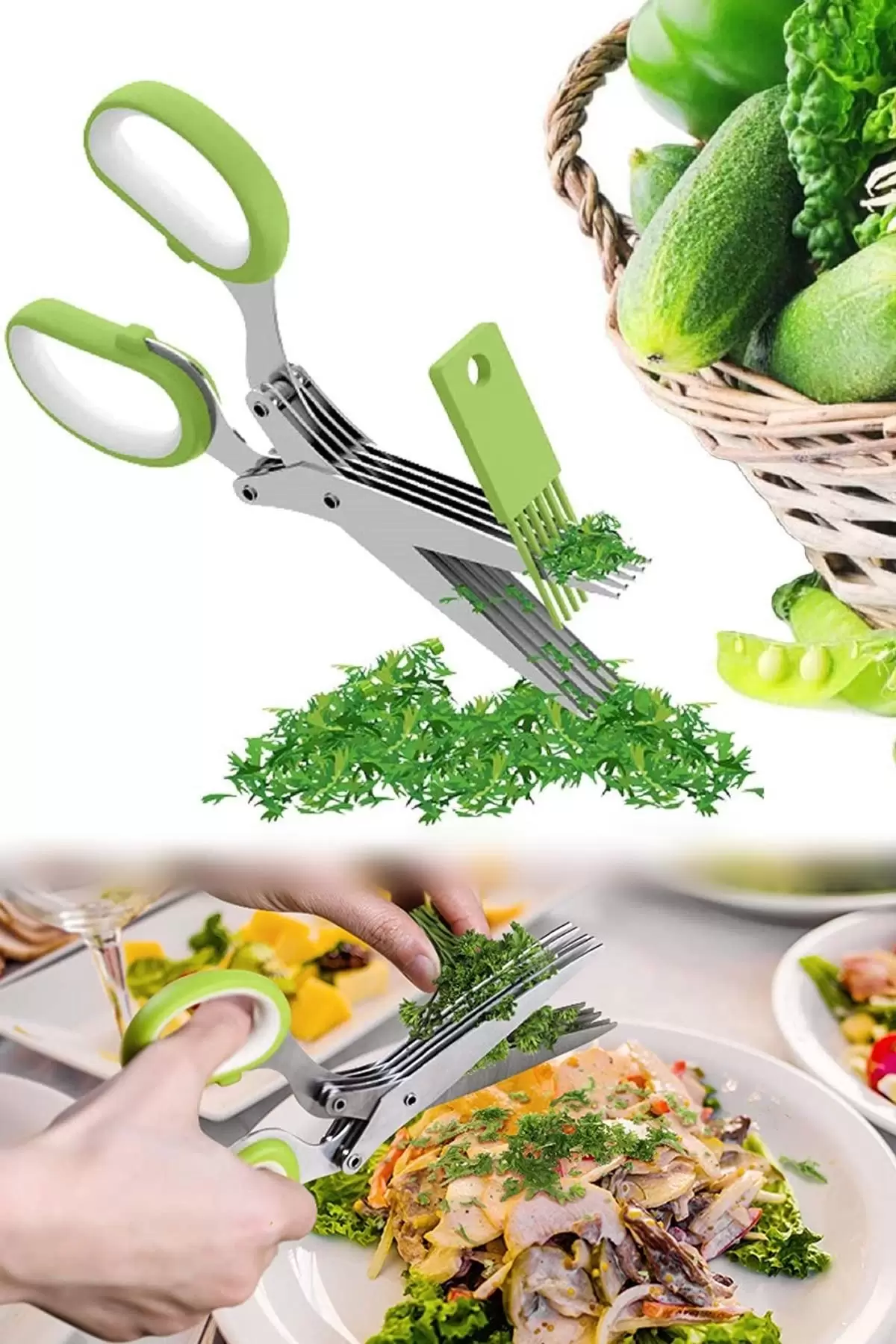Mutfak Makası Çelik 5 Bıçaklı Çoklu Maydanoz Soğan Doğrama Makası + Mutfak Balık Sebze Kesme Makası
