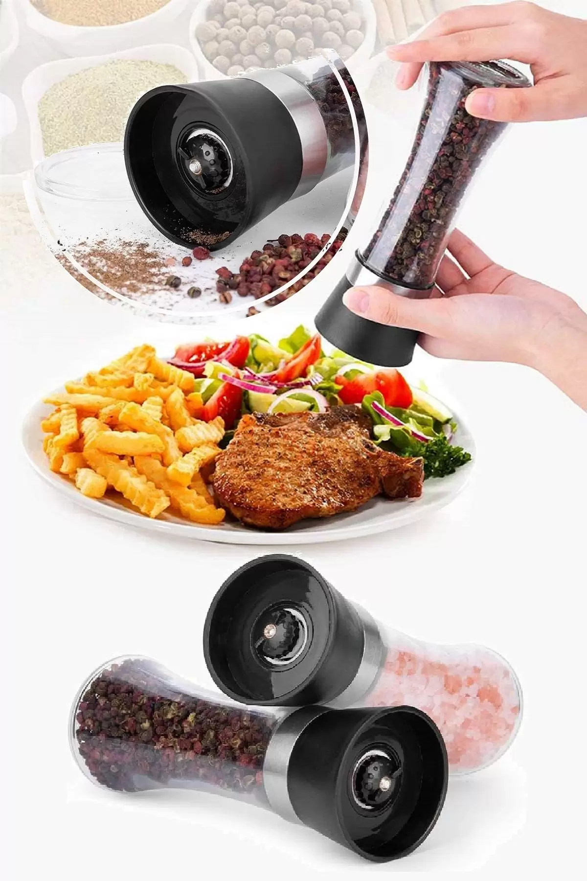 Tilbe Home 2 Adet Karabiber Tuzluk Değirmeni Seramik Bıçaklı Baharat Öğütücü Büyük Boy Set