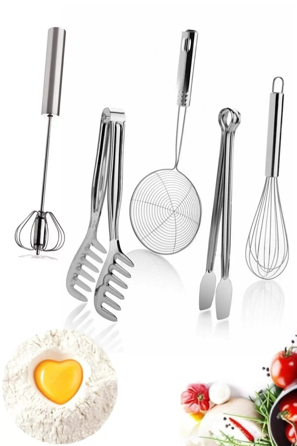 Pratik Mutfak Gereçleri 5 Parça Sofra Mutfak Yemek Hazırlık Seti Çelik Çırpıcı Maşa Kevgir Kepçe