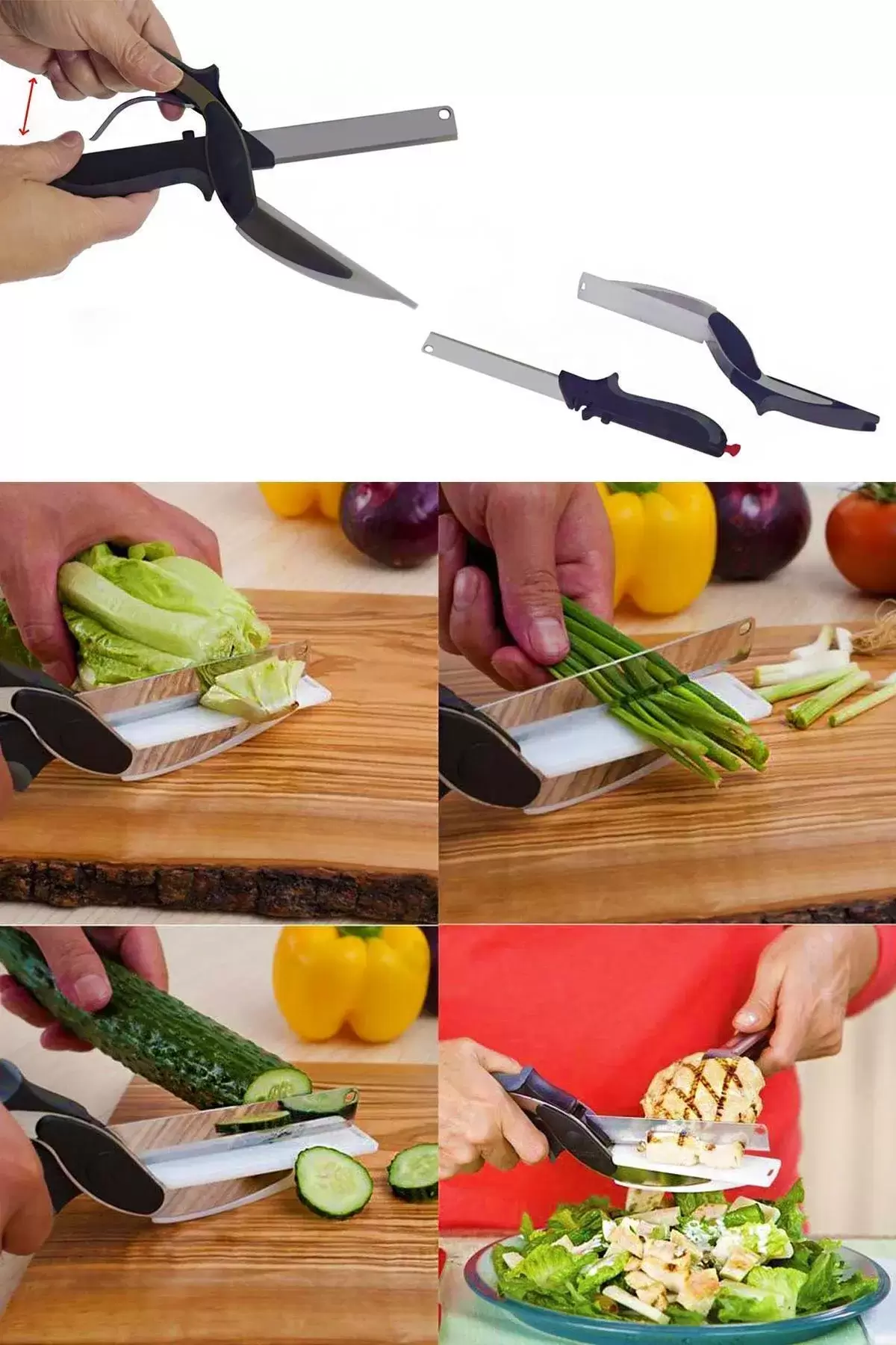 Pratik Düz Kesim Panolu Mutfak Makası Salata Sebze Et Kesme Tahtalı Makaslı Bıçak Clever Cutter