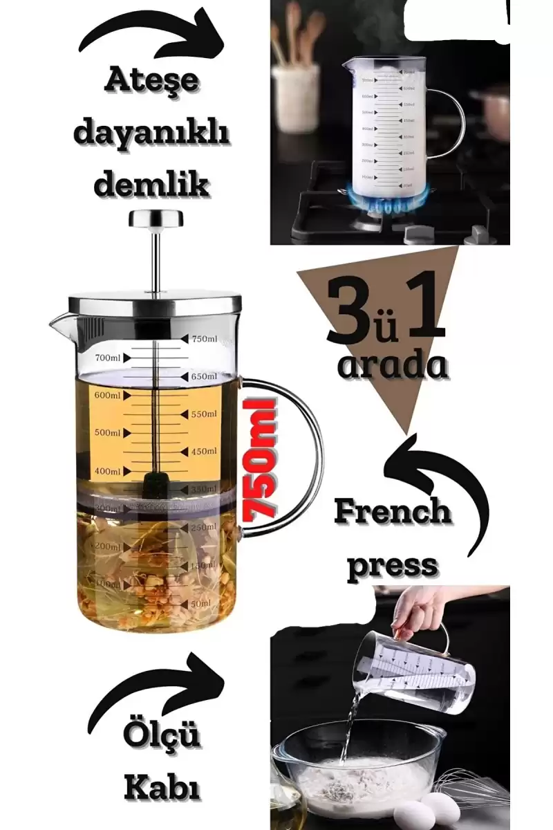 French Press Filtre Kahve Bitki Çayı Demliği Çay Demleme Borosilikat Cam Kulplu Ölçü Kabı 750 ml.