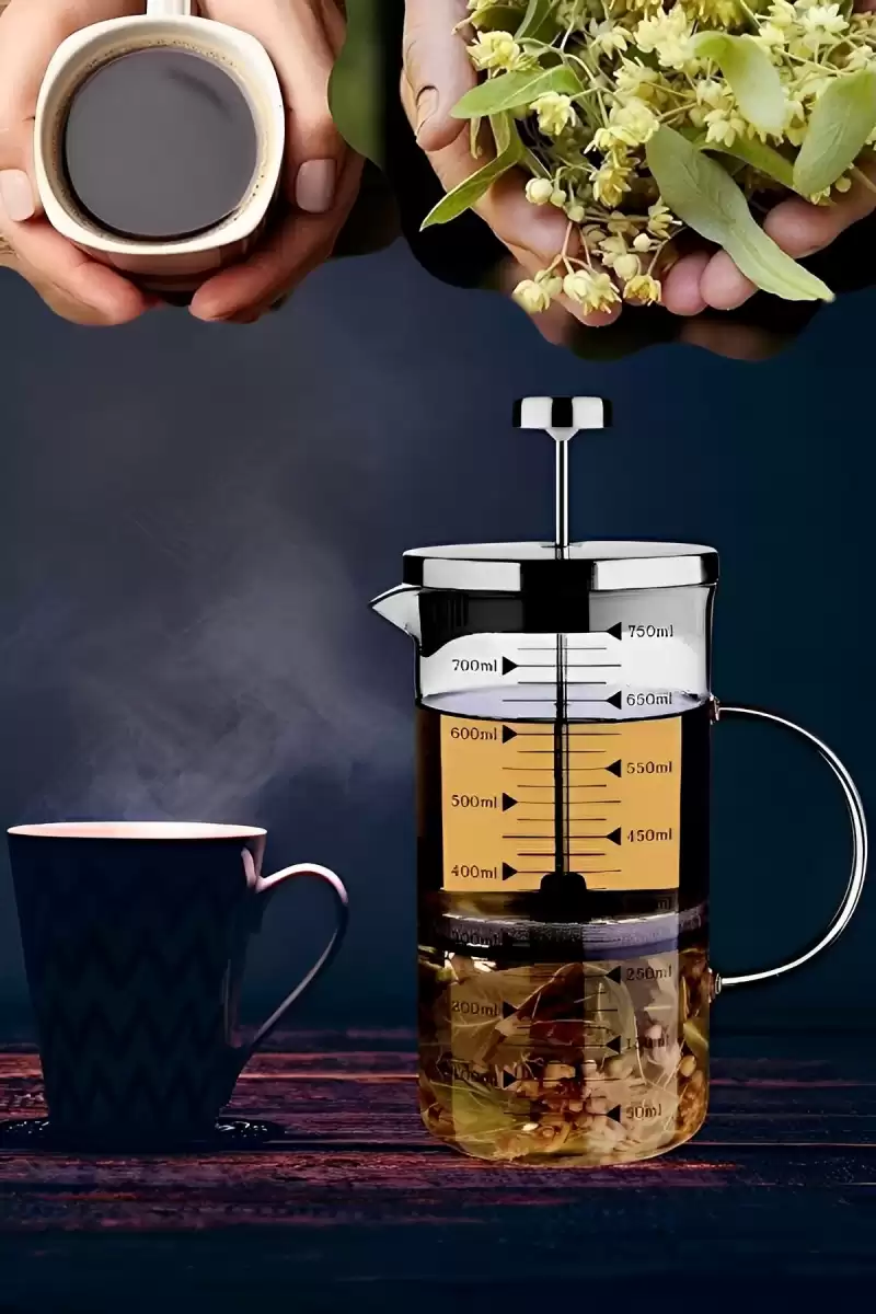 French Press Filtre Kahve Bitki Çayı Demliği Çay Demleme Borosilikat Cam Kulplu Ölçü Kabı 750 ml.