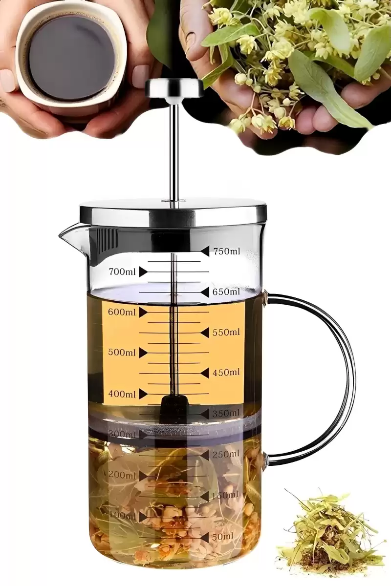 French Press Filtre Kahve Bitki Çayı Demliği Çay Demleme Borosilikat Cam Kulplu Ölçü Kabı 750 ml.