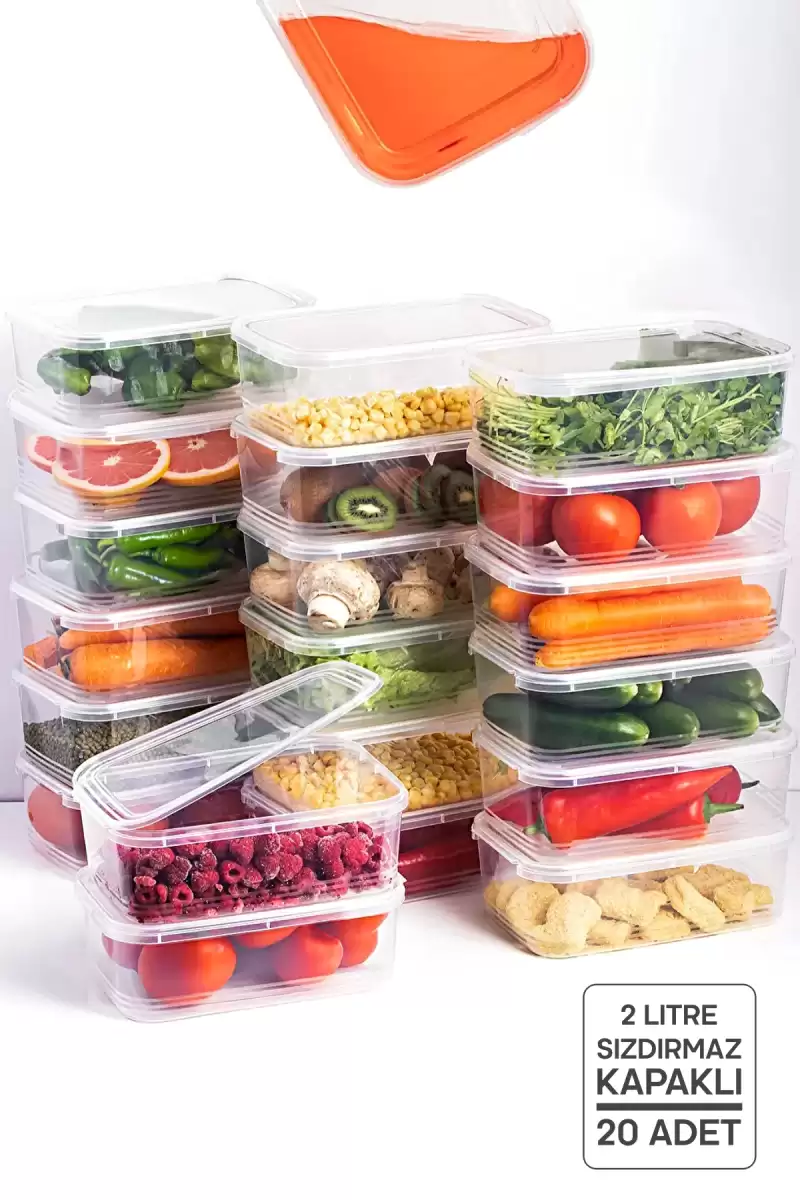 20lİ Buzdolabı Organizer Kendinden Kapaklı Mikrodalga Difrize Uygun 2000ml Dikdörtgen Saklama Kabı