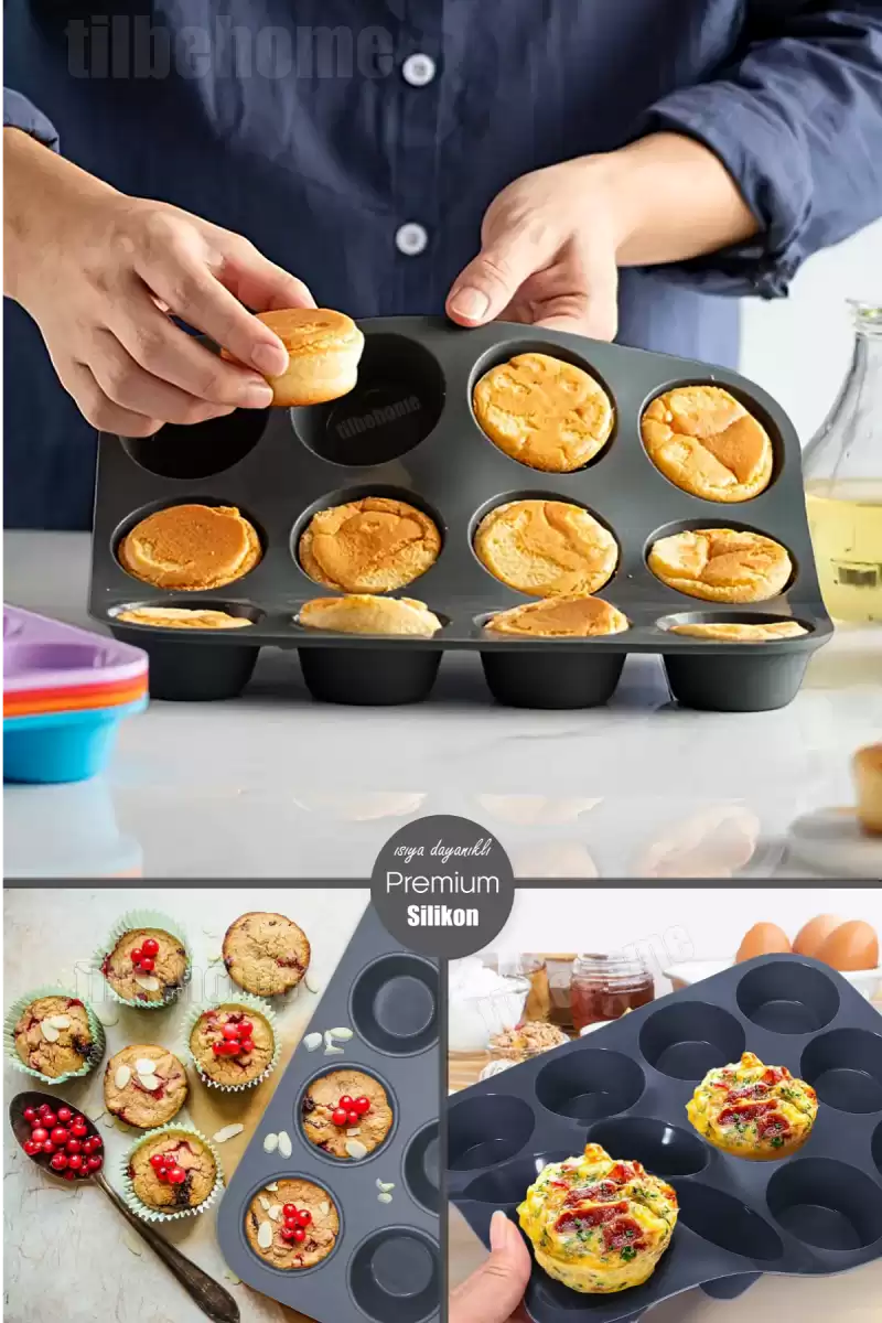 12li Silikon Muffin Kalıbı Kurabiye Tatlı Kalıbı Yapışmaz Gıdaya Uygun Pişirme Cupcake Kek Kapsülü
