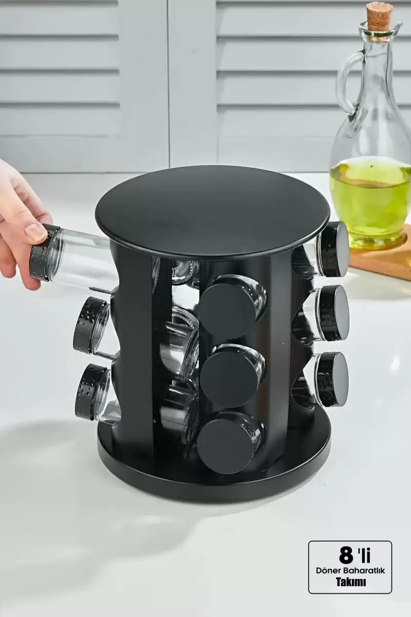 8li Döner Stantlı Siyah Baharatlık Takımı Serpme Başlıklı Kapaklı Etiketli Cam Baharatlık Seti