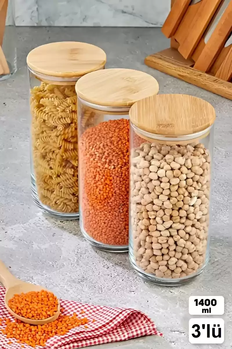 3lü Bakliyat Saklama Kabı Vakumlu Bambu Kapaklı Borosilikat Cam Kavanoz Baharatlık Gıda Organizer