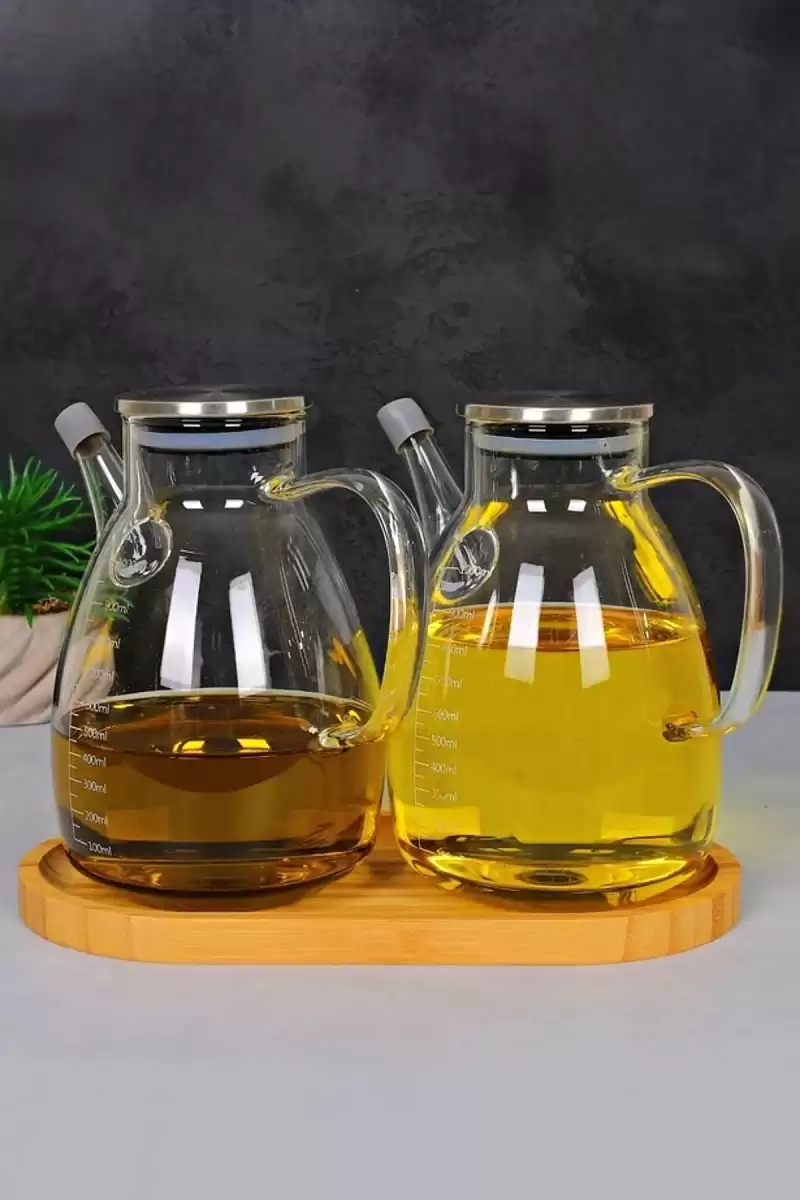 2li Ahşap Standlı 1000ml Zeytinyağı Sıvıyağ Şişesi Borosilikat Cam Çelik Kapaklı Yağlık Yağdanlık
