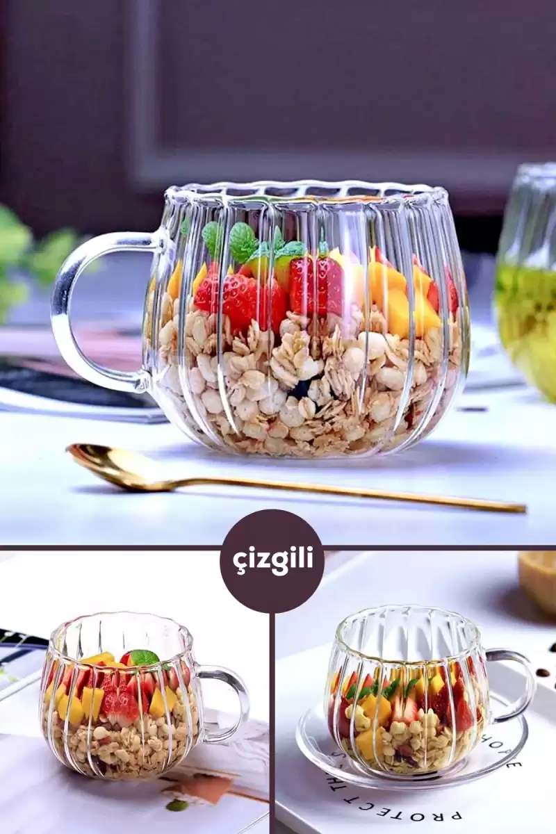 Çizgili Kabartmalı Bardak 250 ml Retro Çay Fincanı Kahve Sunum Bardağı Dayanıklı Cam Kupa