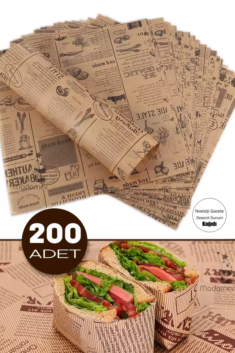 200lü Breakfast Desenli Yağlı Kağıt Vintage Gazete Desen Aparatif Kağıdı Mutfak Servis Sunum Kağıdı