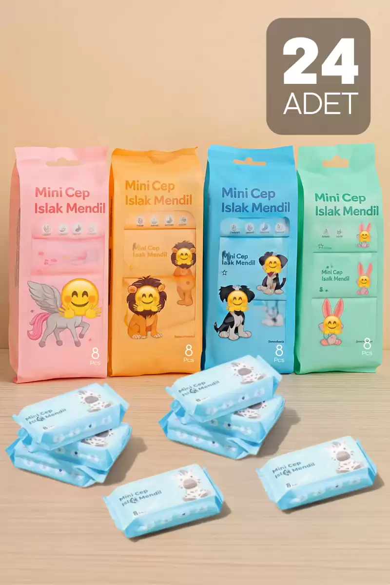 24 Adet Sevimli Figürlü Mini Islak Cep Mendili Panda Zebra Fil Zürafa Renkli Tasarım Cep Mendili