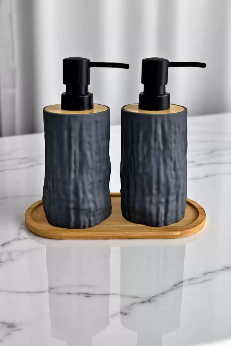 2li Bambu Detaylı Sıvı Sabunluk Seti 500ml Mutfak Banyo Taş Figürlü Hands Dishes Bambu Stantlı Set