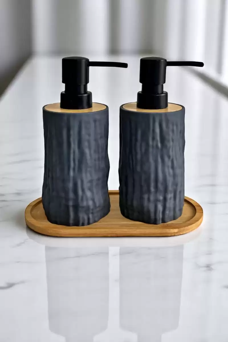 2li Bambu Detaylı Sıvı Sabunluk Seti 500ml Mutfak Banyo Taş Figürlü Hands Dishes Bambu Stantlı Set