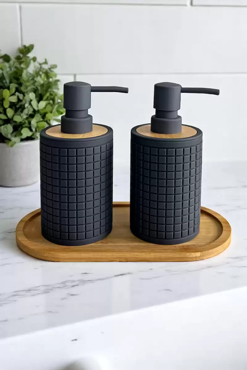 2li Retro Still Sıvı Sabunluk Seti 500ml Mutfak Banyo Kare Figürlü Hands Dishes Bambu Stantlı Set