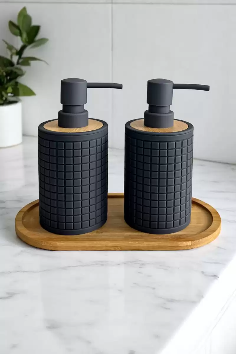 2li Retro Still Sıvı Sabunluk Seti 500ml Mutfak Banyo Kare Figürlü Hands Dishes Bambu Stantlı Set