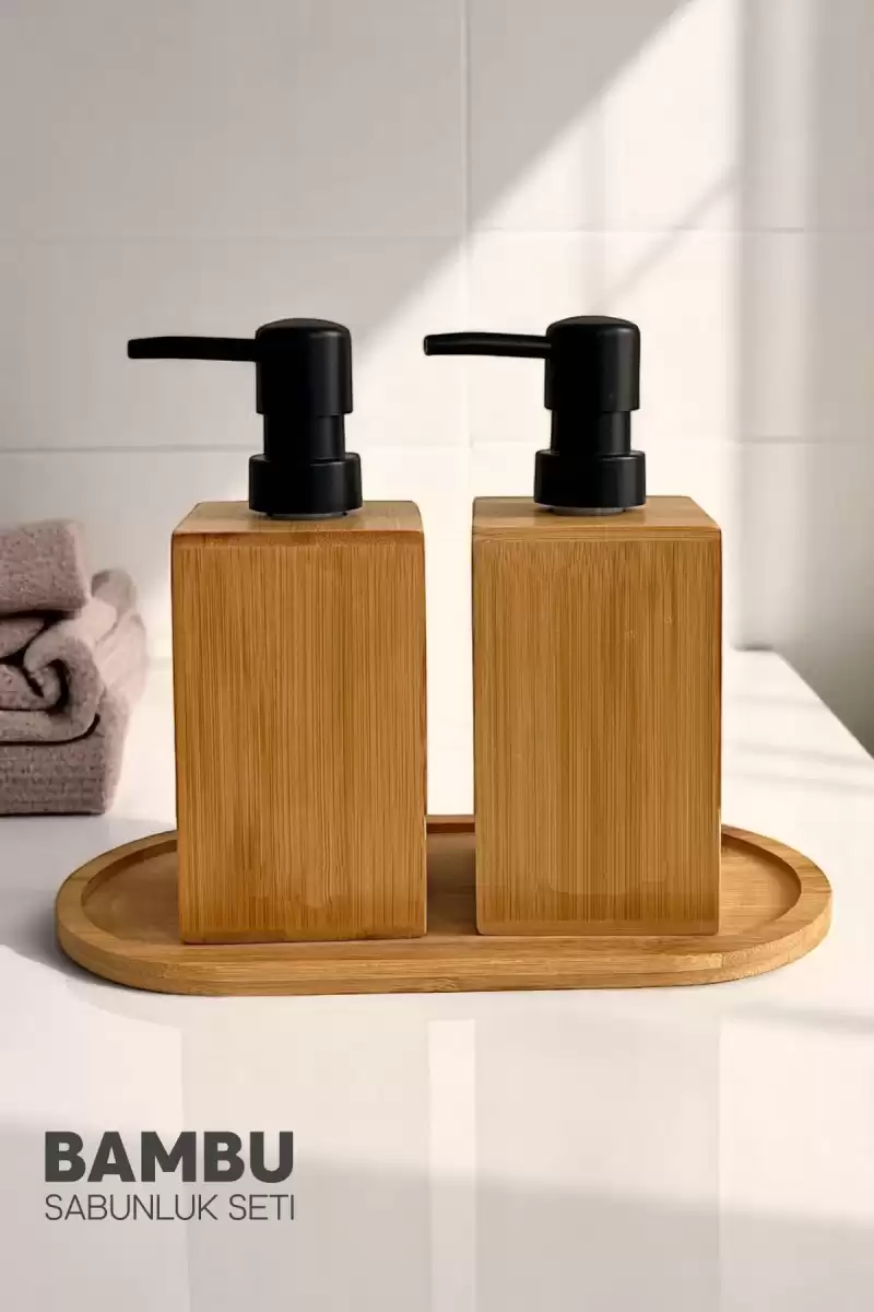 2li Kare Bambu Sabunluk Seti Hands Dishes Mutfak Banyo Sıvı Sabunluk 500ml Doğal Bambu Stantlı Set