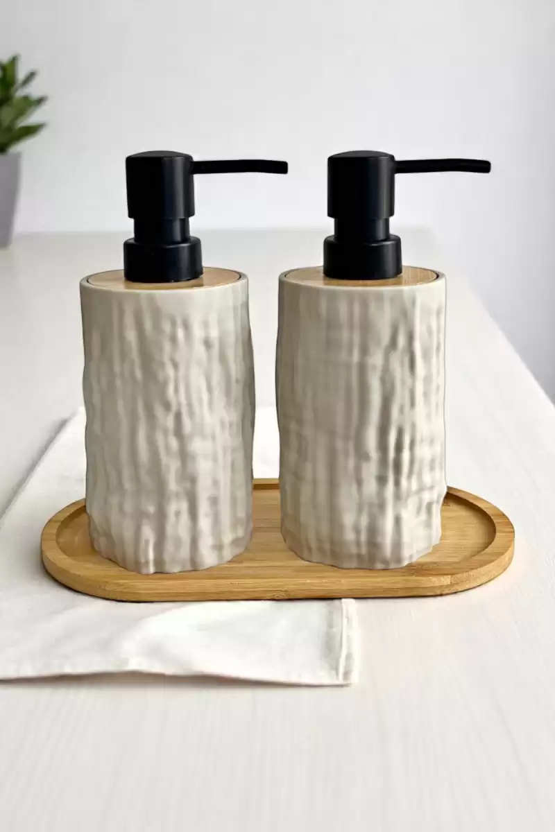 2li Bambu Detaylı Sıvı Sabunluk Seti 500ml Hands Dishes Mutfak Banyo Taş Figürlü Bambu Stantlı Set