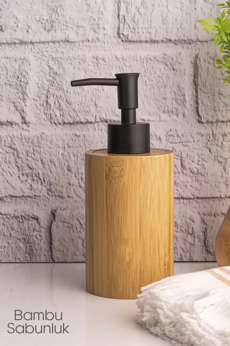 2li Bambu Sabunluk Seti Hands Dishes Mutfak Banyo Sıvı Sabunluk 500ml Doğal Bambu Stantlı Retro Set