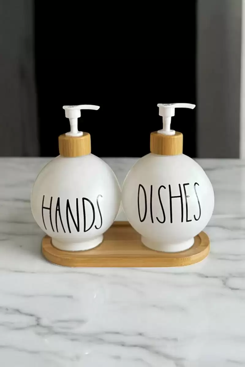 2’li Hands Dishes Soft Beyaz Dekoratif Mutfak Banyo Sıvı Cam Sabunluk Seti 550ml Bambu Stantlı Set