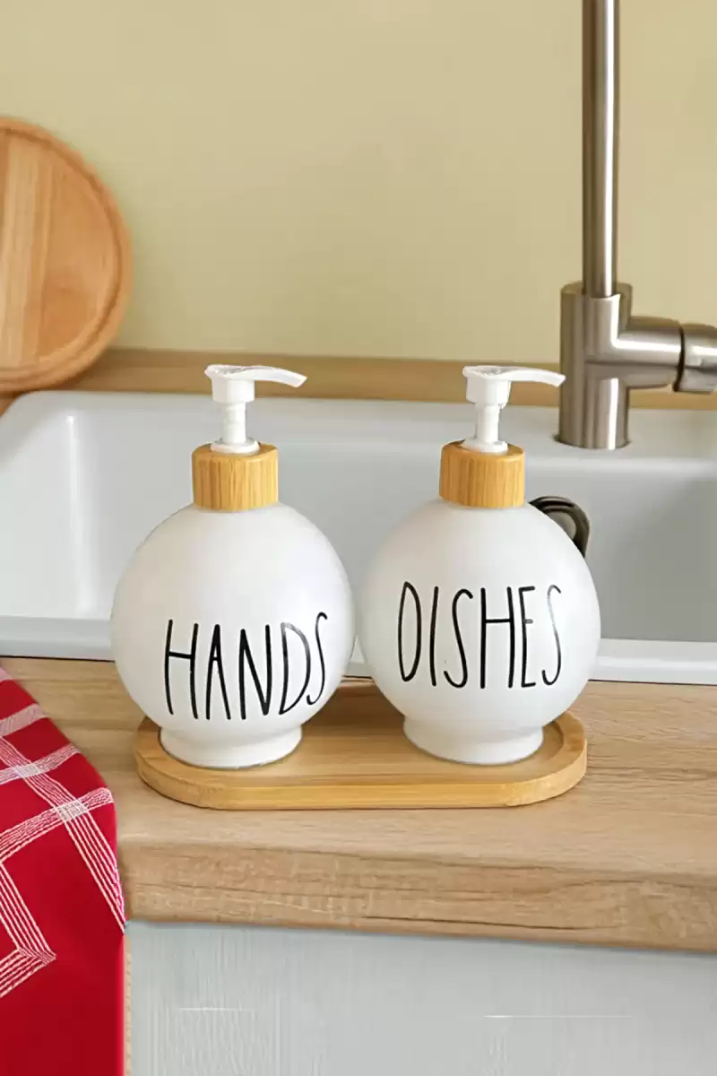 2’li Hands Dishes Soft Beyaz Dekoratif Mutfak Banyo Sıvı Cam Sabunluk Seti 550ml Bambu Stantlı Set