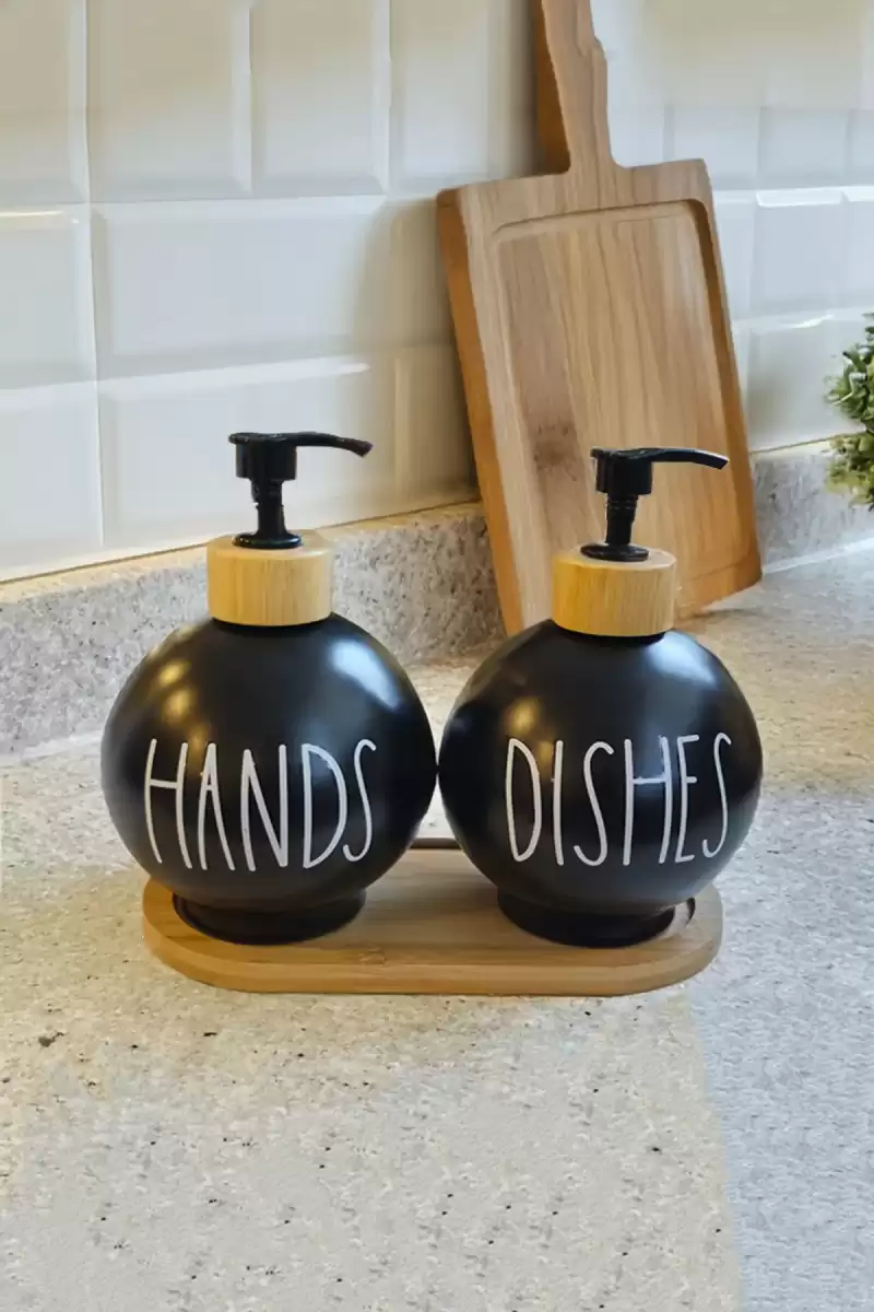 2’li Hands Dishes Soft Siyah Dekoratif Mutfak Banyo Sıvı Cam Sabunluk Seti 550ml Bambu Stantlı Set