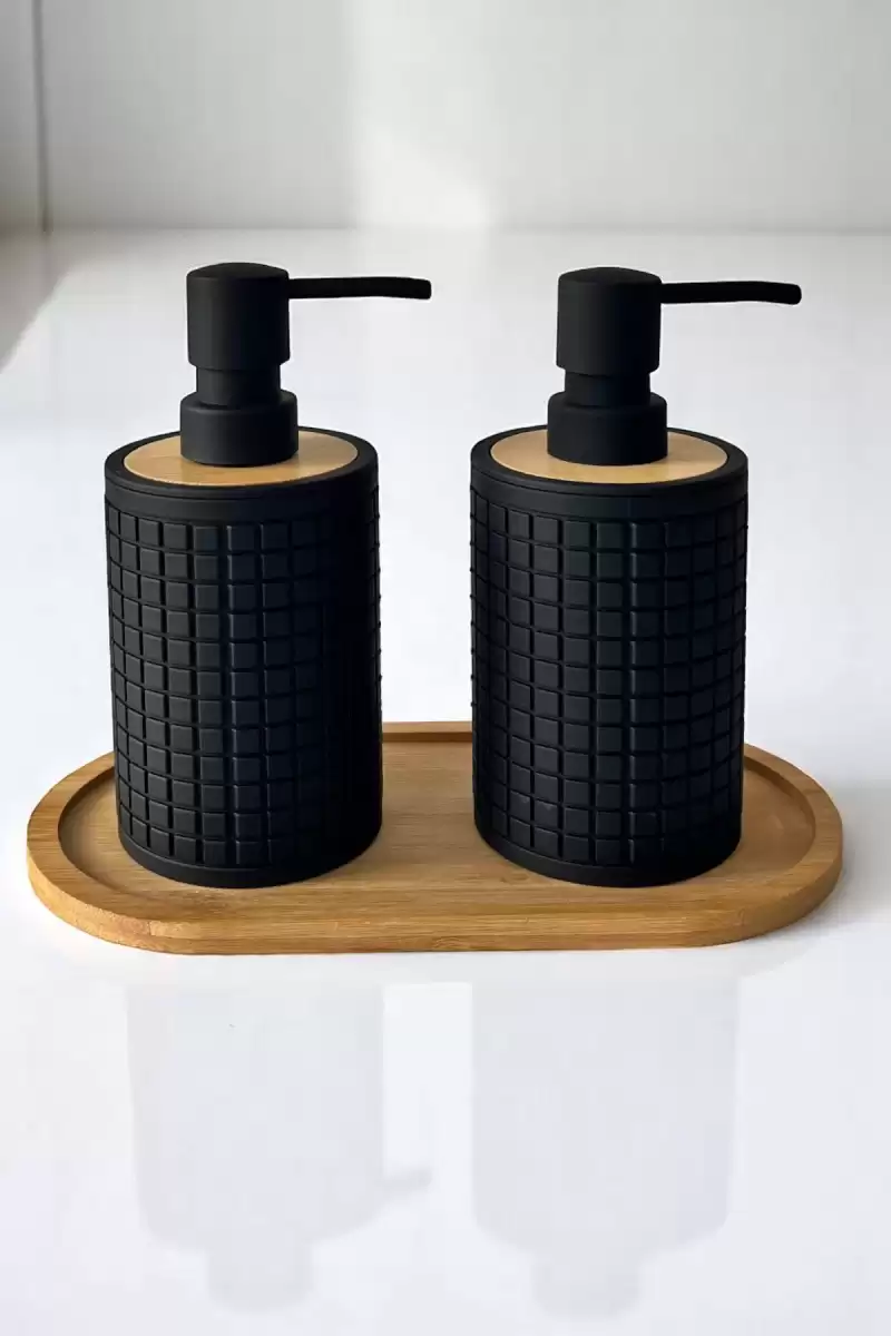 2li Retro Still Sıvı Sabunluk Seti 500ml Mutfak Siyah Hands Dishes Kare Figürlü Bambu Stantlı Set