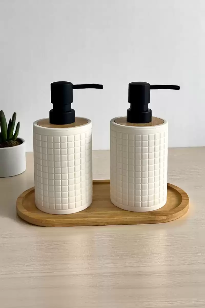 2li Retro Still Sıvı Sabunluk Seti 500ml Mutfak Banyo Hands Dishes Kare Figürlü Bambu Stantlı Set