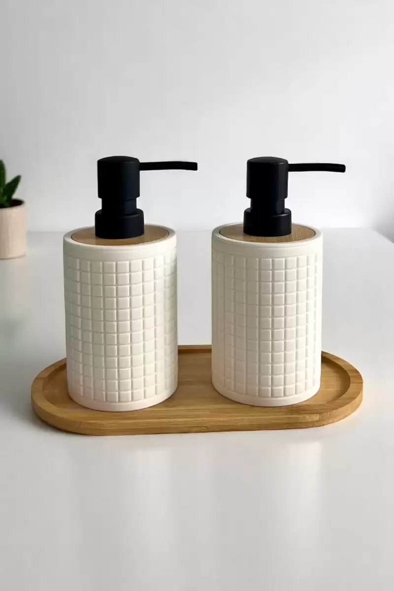 2li Retro Still Sıvı Sabunluk Seti 500ml Mutfak Banyo Hands Dishes Kare Figürlü Bambu Stantlı Set
