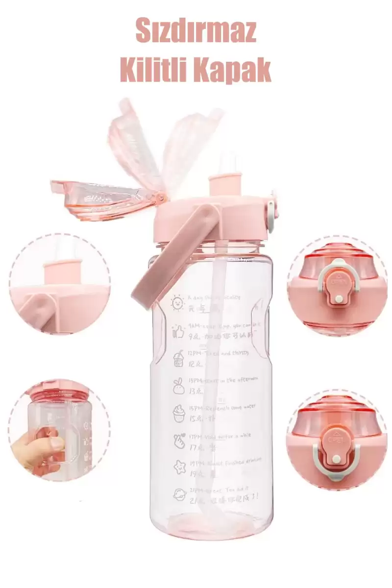 3lü Şeffaf Motivasyonel Su Matarası Sporcu Su Şişesi Stickerlı Soft Pink Taşınabilir Suluk Seti