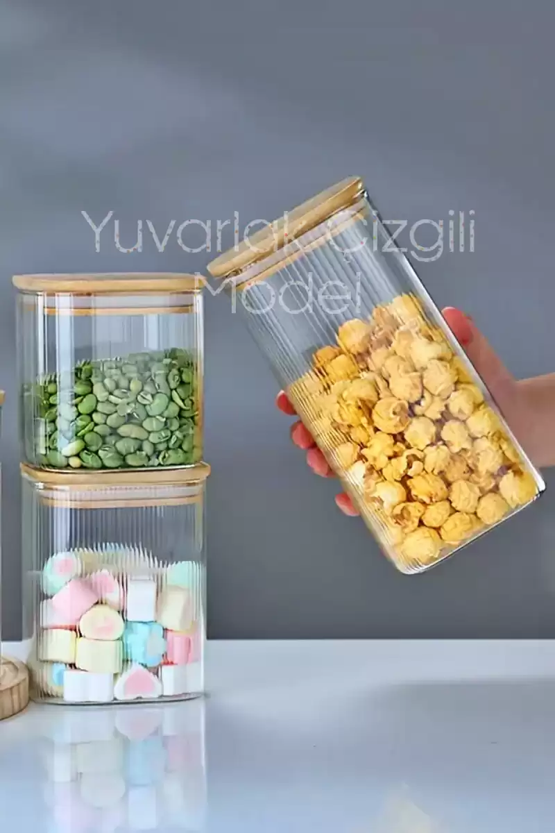 3lü Bambu Kapaklı Büyük Boy Cam Kavanoz Çizgili Yuvarlak Şeker Bakliyat Baharat Mutfak Saklama Kabı
