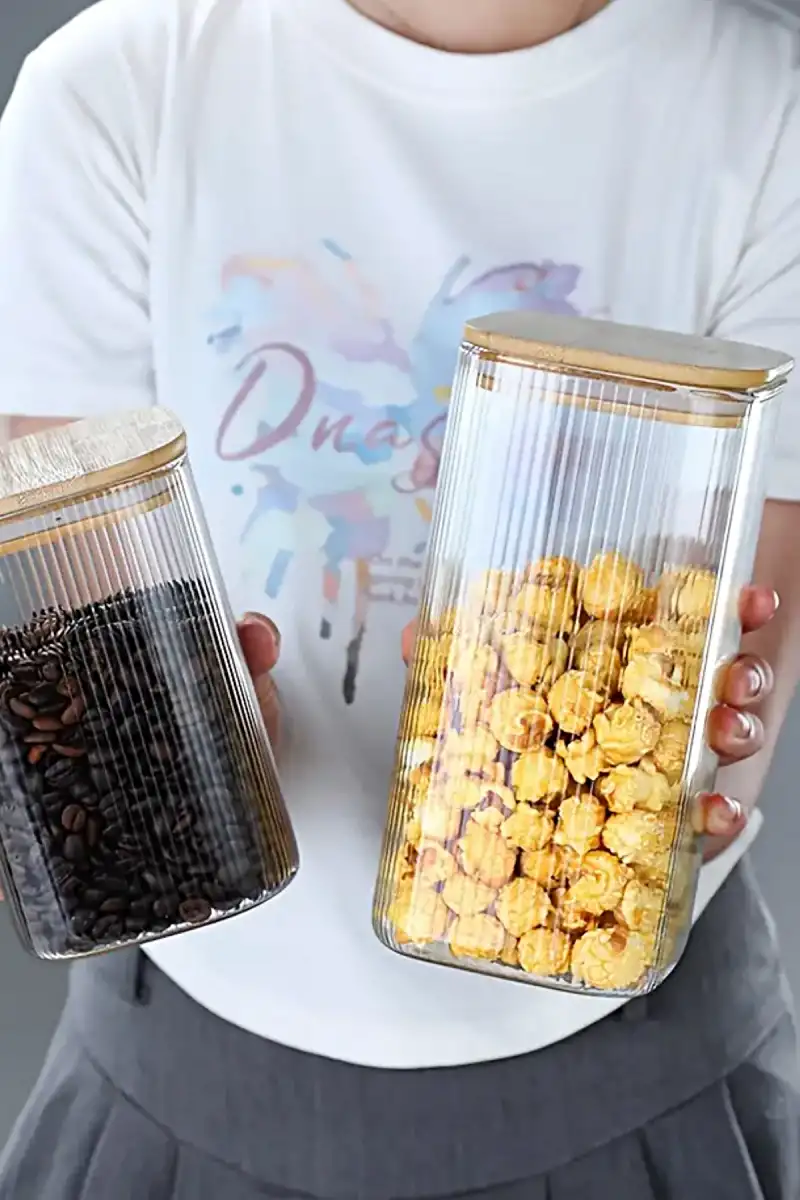 3lü Bambu Kapaklı Büyük Boy Cam Kavanoz Çizgili Kare Şeker Bakliyat Baharat Mutfak Saklama Kabı Set