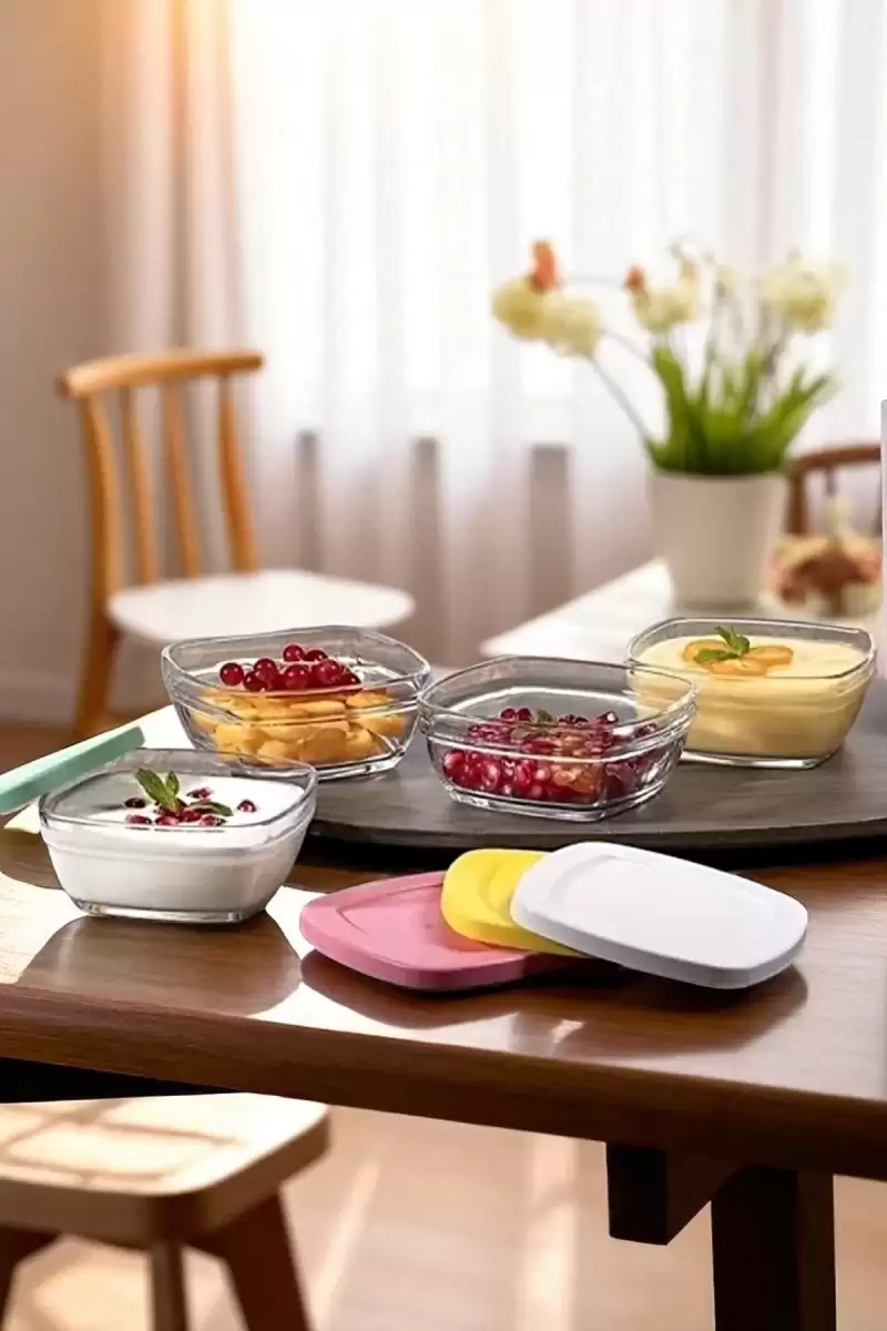 4lü Kapaklı Cam Kase Seti Pudding Saklama Kabı 310cc Kahvaltılık Organizer Piknik Seti Kahvaltılık