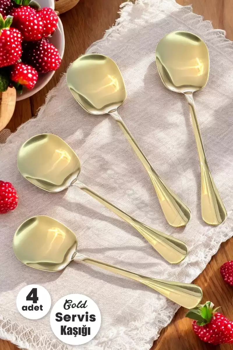 4lü Gold Servis Kaşığı Paslanmaz Çelik Lüx Salata Börek Pasta Fırın Tavuk Patates Servis Kaşığı