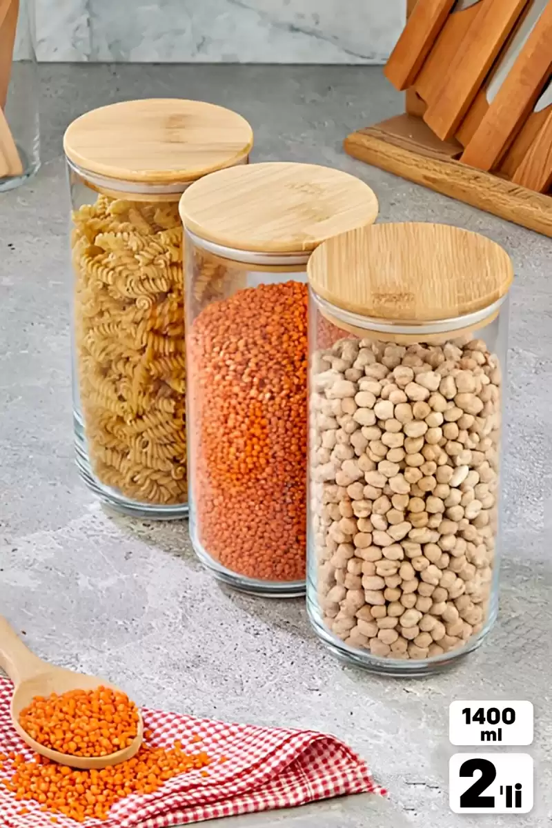 2 Adet Vakumlu Bambu Kapaklı Cam Kavanoz 1400ml Baharatlık Bakliyat Gıda Saklama Kabı Organizer