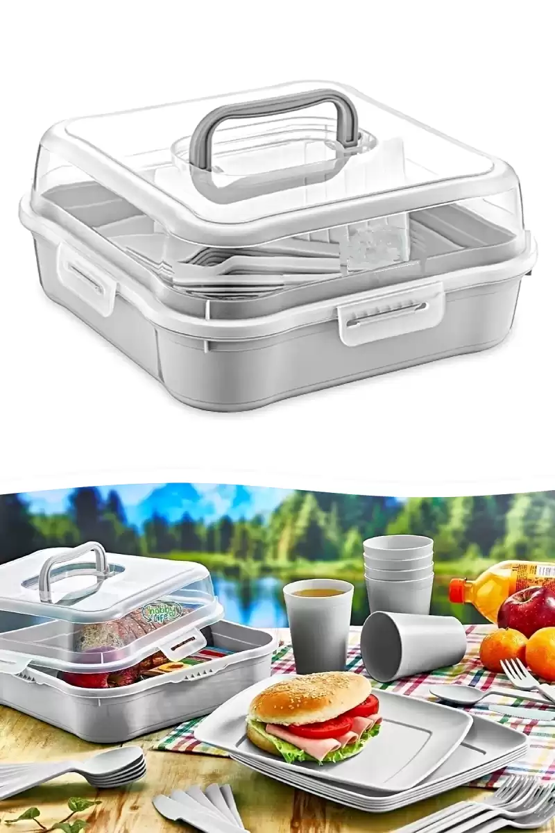 6 Kişilik Piknik Seti - Çantalı Piknik Seti 25 Parça Piknik Organizer Kamp Gray Piknik Seti