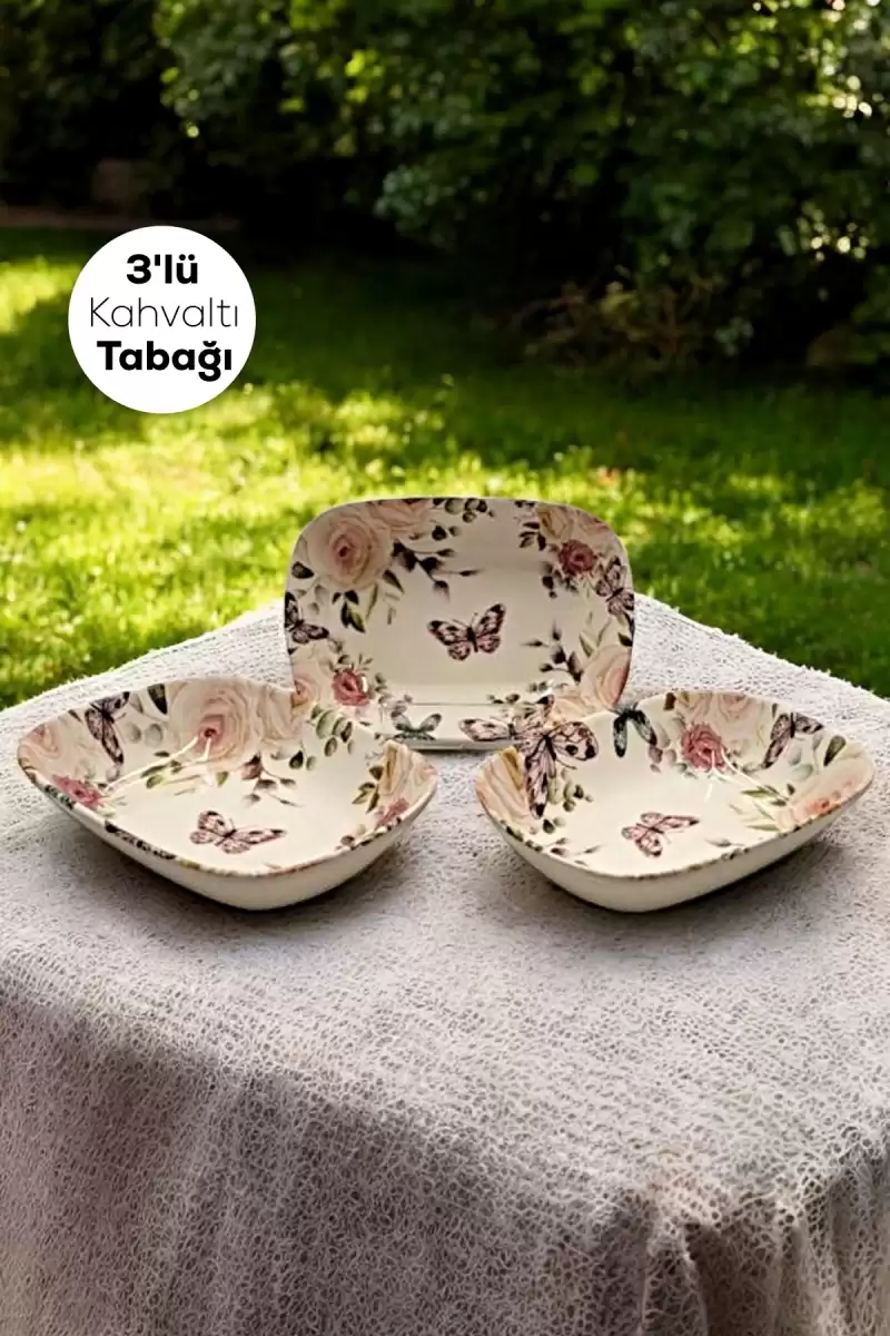 3lü Lüx Servis Sunum Kase Tabak Seramik Digital Baskılı Kahvaltı Tabağı Seti