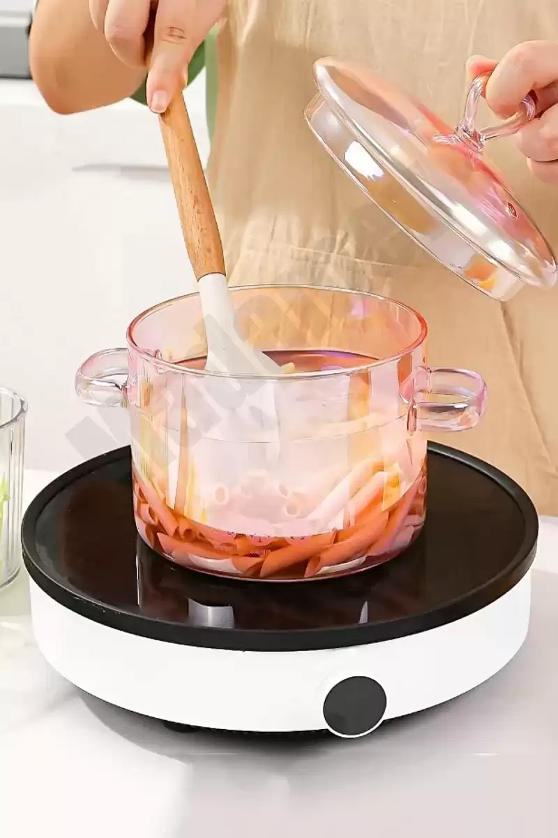 Pembe Kalp Figürlü Cam Tencere Isıya Dayanıklı Borosilikat Termisil Ocak Üstü Kulplu 1500 ml