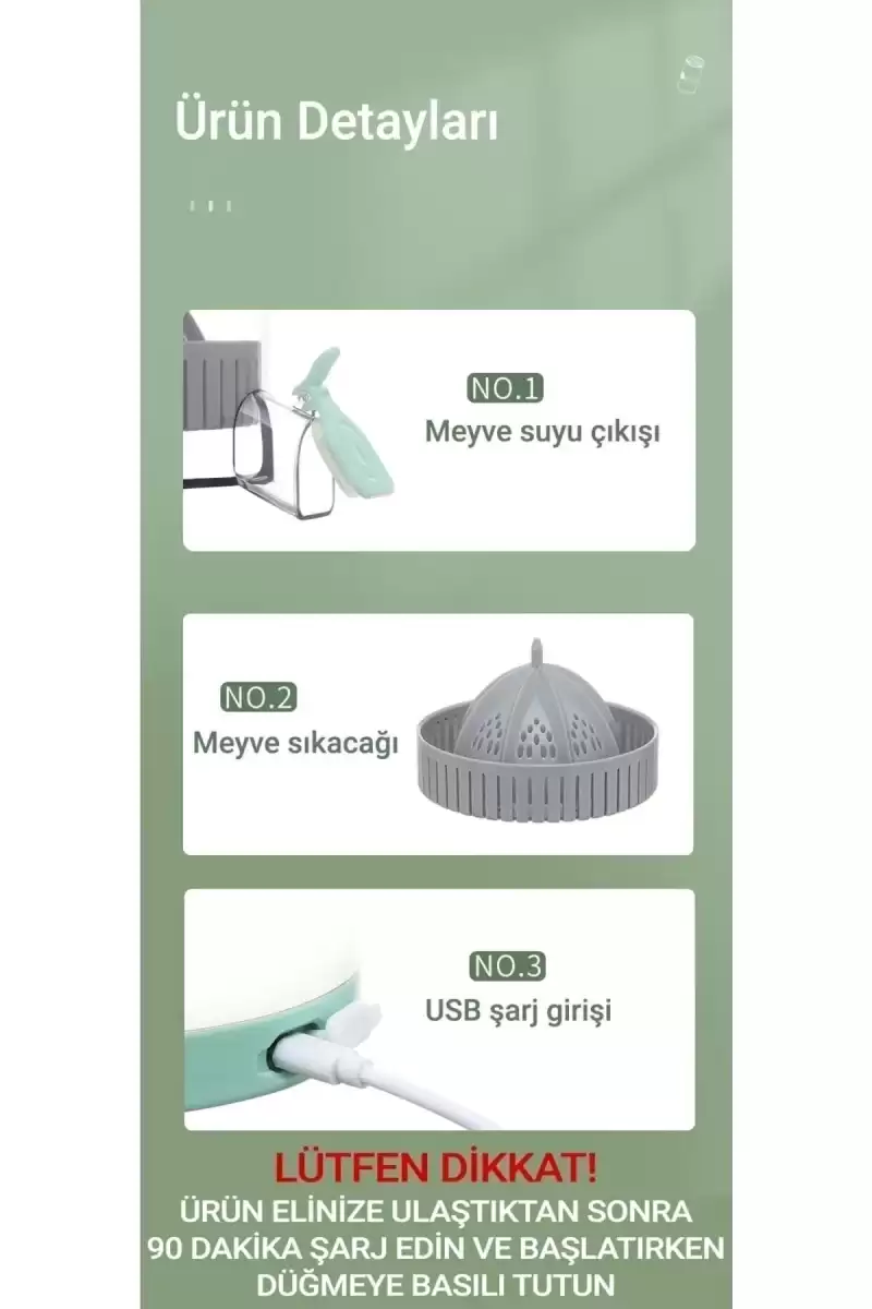 Pratik Şarjlı Narenciye Sıkacağı Taşınabilir USB Hazneli Portakal Limon Katı Meyve Sıkma Makinesi