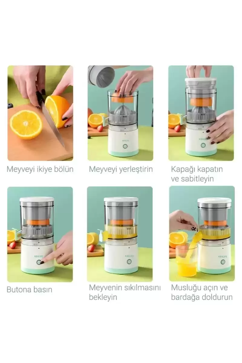 Pratik Şarjlı Narenciye Sıkacağı Taşınabilir USB Hazneli Portakal Limon Katı Meyve Sıkma Makinesi