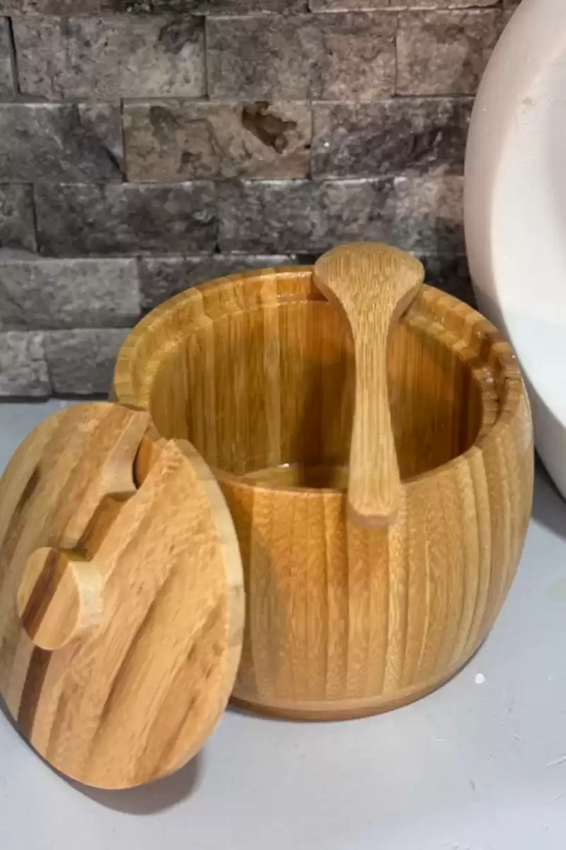 Bambu Kaşıklı Şekerlik & Baharatlık Naturel Çok Amaçlı Bambu Kapaklı Sunumluk