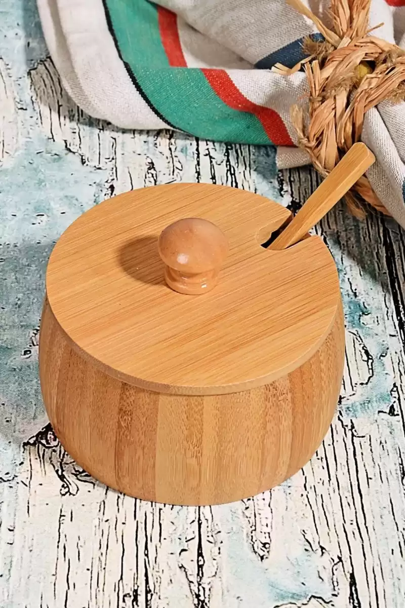 Bambu Kaşıklı Şekerlik & Baharatlık Naturel Çok Amaçlı Bambu Kapaklı Sunumluk