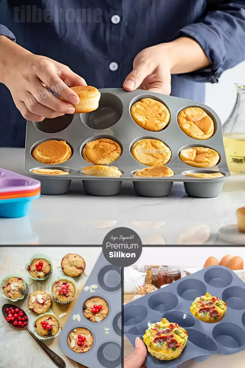 12li Silikon Muffin Kalıbı Kurabiye Tatlı Cupcake Kek Kalıbı Yapışmaz Gıdaya Uygun Pişirme Kapsülü