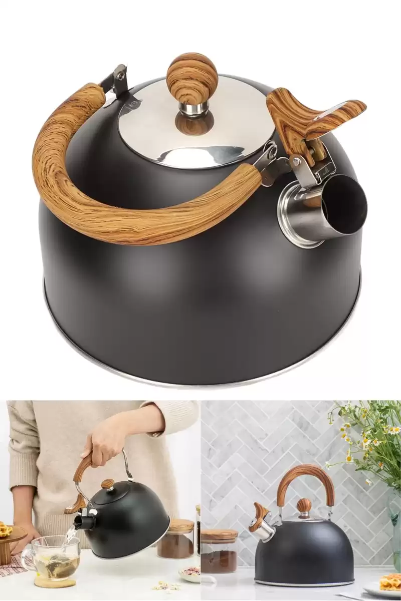 3 Litre Düdüklü Çaydanlık Ahşap İskandinav Su Isıtıcı Islık Çalan Çaydanlık Kettle Demlik Çay Potu