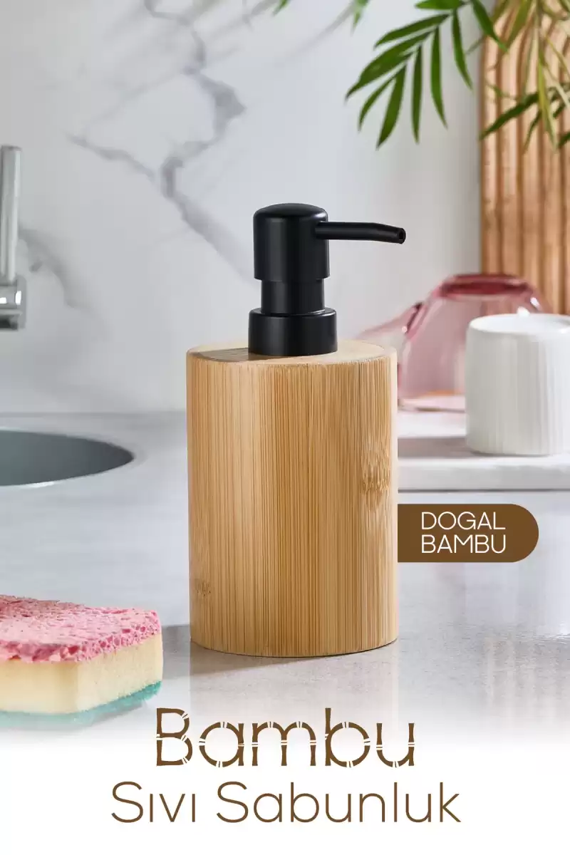 2li Bambu Sabunluk Seti Hands Dishes Mutfak Banyo Sıvı Sabunluk 500ml Doğal Bambu Stantlı Retro Set