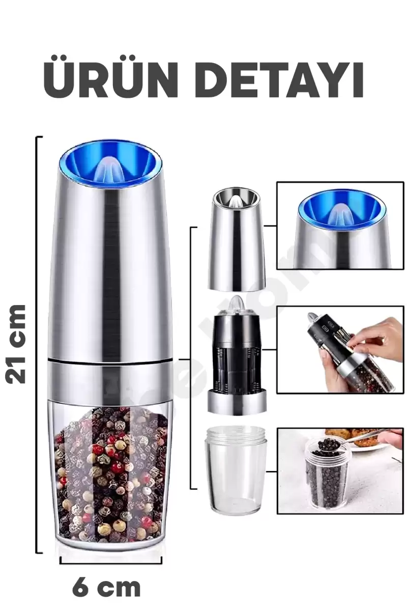 Sensörlü Gravity Otomatik Baharat Öğütücü Seramik Bıçaklı LED Işıklı 5 Kademeli Tuz Değirmeni