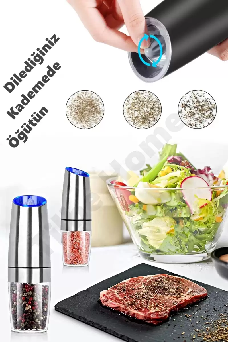Sensörlü Gravity Otomatik Baharat Öğütücü Seramik Bıçaklı LED Işıklı 5 Kademeli Tuz Değirmeni