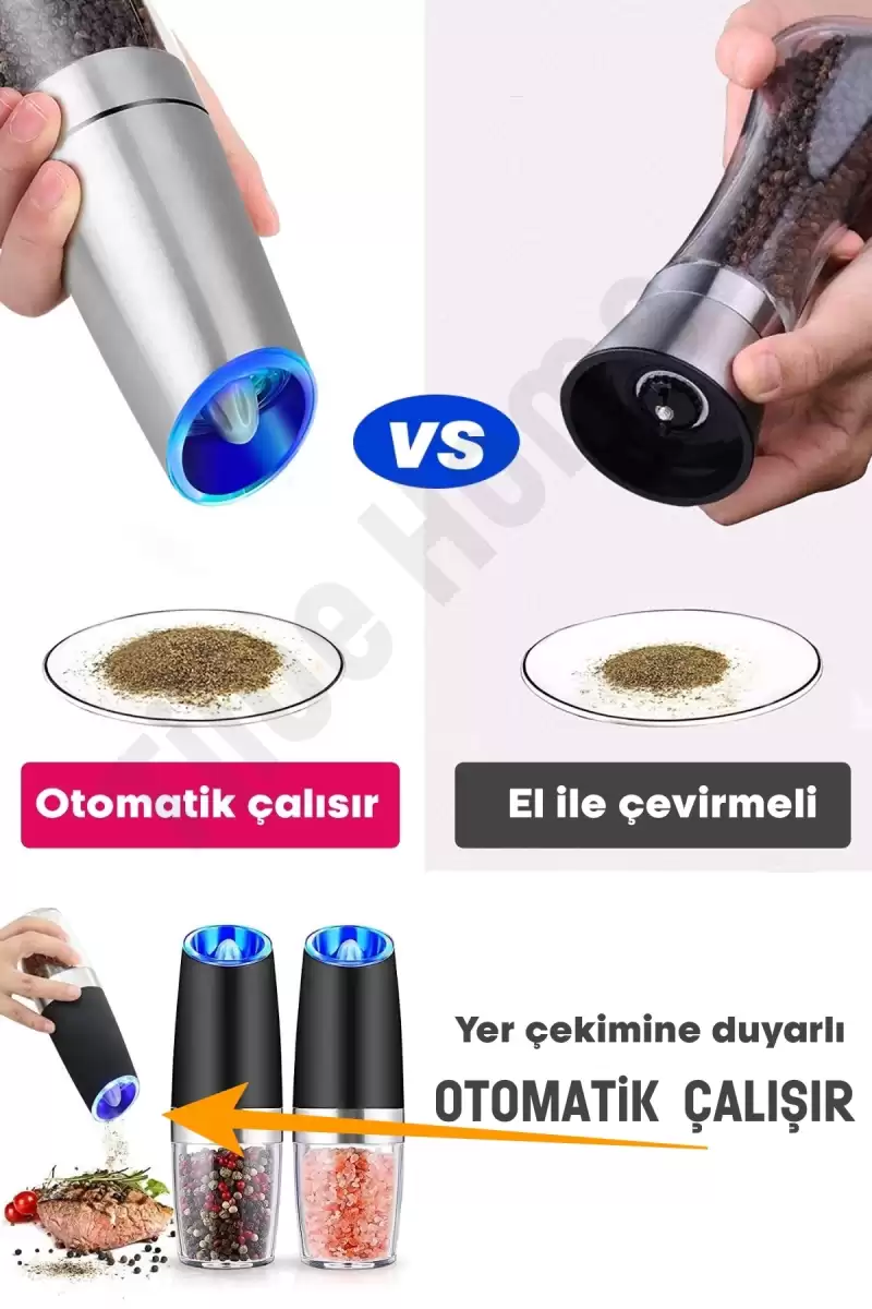 Sensörlü Gravity Otomatik Baharat Öğütücü Seramik Bıçaklı LED Işıklı 5 Kademeli Tuz Değirmeni